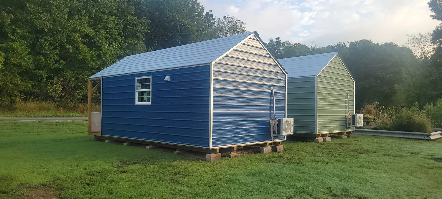 Basecamp Blue rear-side exterior with mini-split condenser